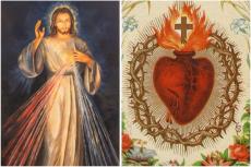 Bild av Guds Barmhärtighet bredvid Jesu Heliga Hjärta som visas på ett bönekort