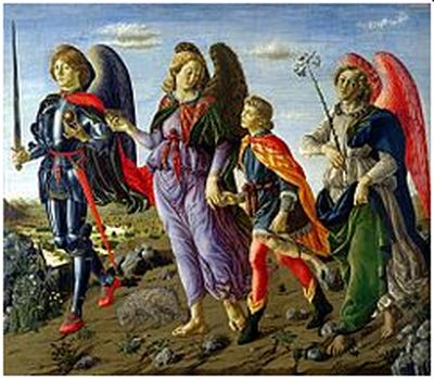 Ärkeänglarna Mikael, Rafael och Gabriel följer Tobias på hans väg att finna sin hustru. Francesco Botticini, 1470