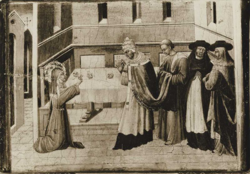 Den Helige Clara på knä inför påven Gregorius IX under hans besök i San Damiano klostret