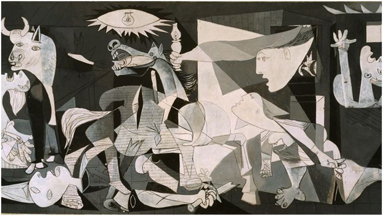 Den tyska nazistiska bombningen av staden Guernica i Baskien den 26 april 1937 i målningen av Pablo Picasso utställd i Paris 1937