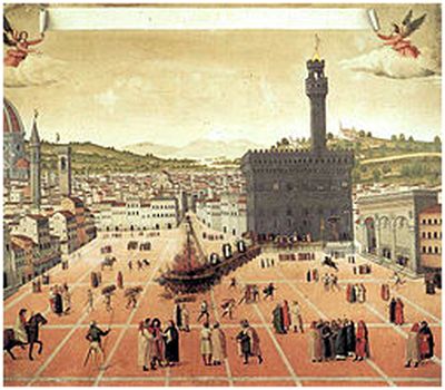 Målning (1650) av Savonarolas avrättning på Piazza della Signoria mitt emot Palazzo Vecchio