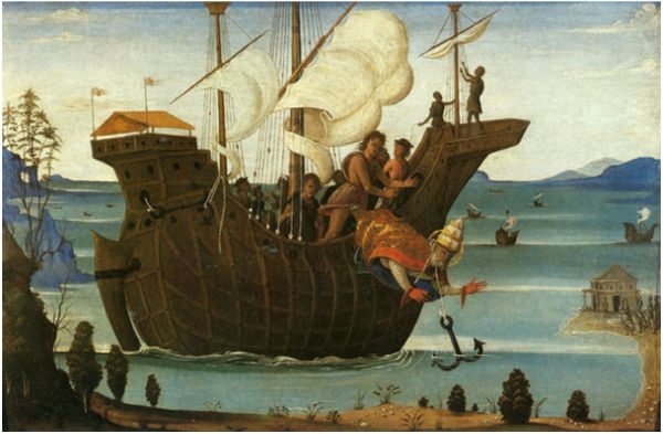 Påven S:t Clemens martyrium – kedjad till ett ankare kastades han i havet. Målning av Bernardino Fungai 1460 – c. 1516)