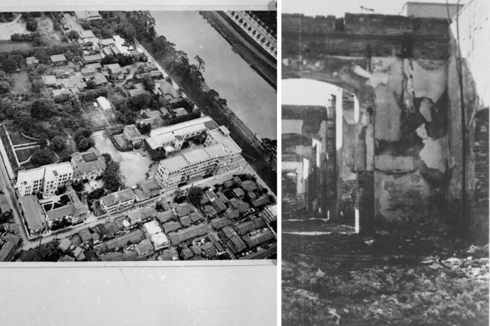 Sophia University 1932 och 1945. Huvudbyggnaden tog stor skada under bombningarna.