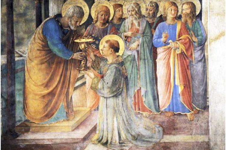 Fra Angelico: ”S:t Petrus konsekrerar S:t Stefanos med de sju diakonerna”, omkr. 1448