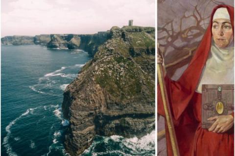 Från vänster till höger: St. Brigid's Well, Irland, kustvy från en drönare; porträtt av Sankta Birgitta av Patrick Joseph Tuohy