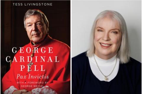 Författaren Tess Livingstone (t.h.) och omslaget till hennes biografi över kardinal George Pell