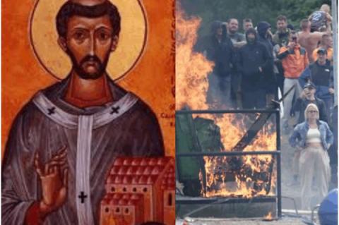 Ikonbild av St Augustine of Canterbury (arkivfoto) / Anti-invandringsdemonstranter under upplopp utanför Holiday Inn Express i Rotherham, England, 4 augusti 2024