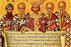 Ikon föreställande det första konciliet i Nicaea med tio män och en text av den nicenska trosbekännelsen på grekiska