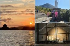 Medurs från vänster: Lough Derg vid solnedgången, unga pilgrimer vid Croagh Patrick och Knock Shrine på natten